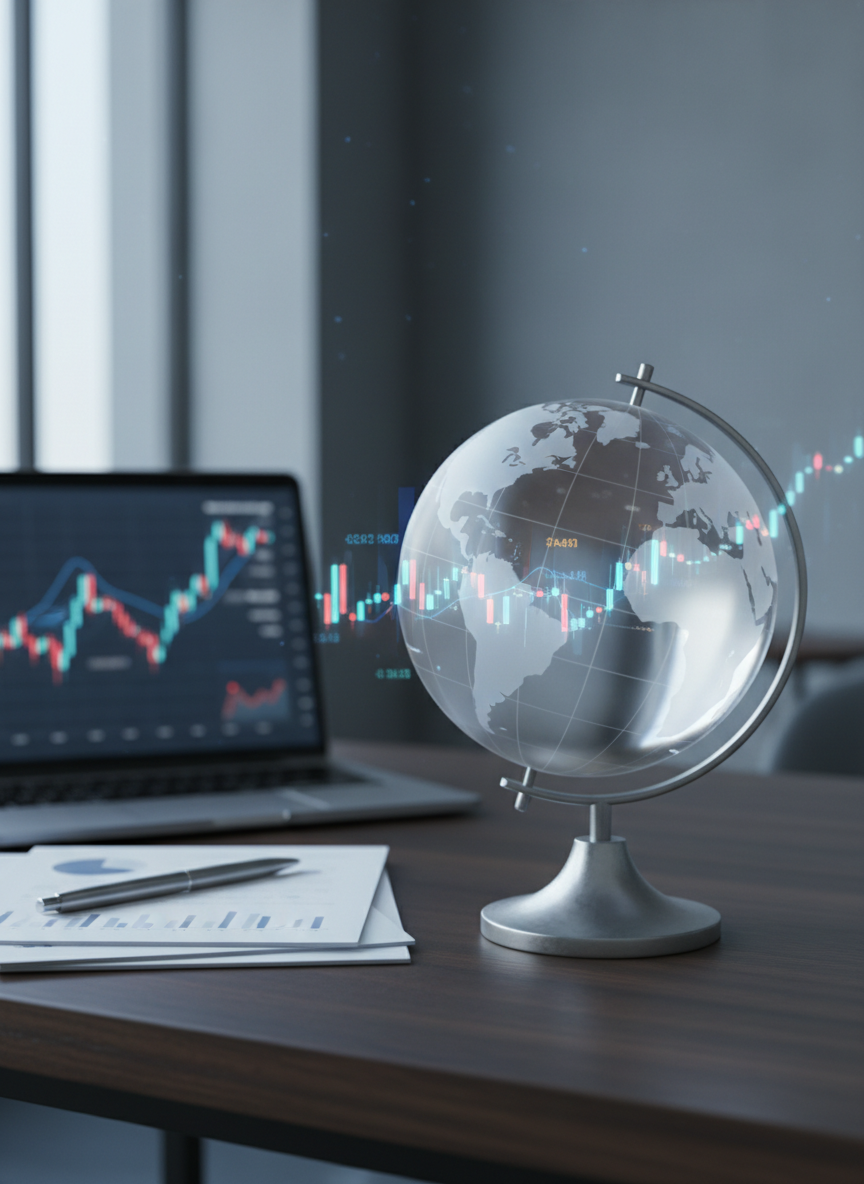 A high-resolution, photographic realism image of a translucent world globe made of frosted glass, with continents subtly etched and financial data charts faintly projected across its surface. The globe rests on a clean, brushed metal stand atop a minimalist dark wood desk. Around it lie an open laptop showing blurred stock charts, neatly stacked economic reports, and a slim silver pen. Cool, diffused daylight enters from an unseen window on the left, creating soft reflections on the glass and gentle shadows on the desk. Shot at eye level with a shallow depth of field, the globe is in crisp focus while the background fades into a calm blur. The mood is professional, analytical, and quietly curious, matching a modern global economics blog.