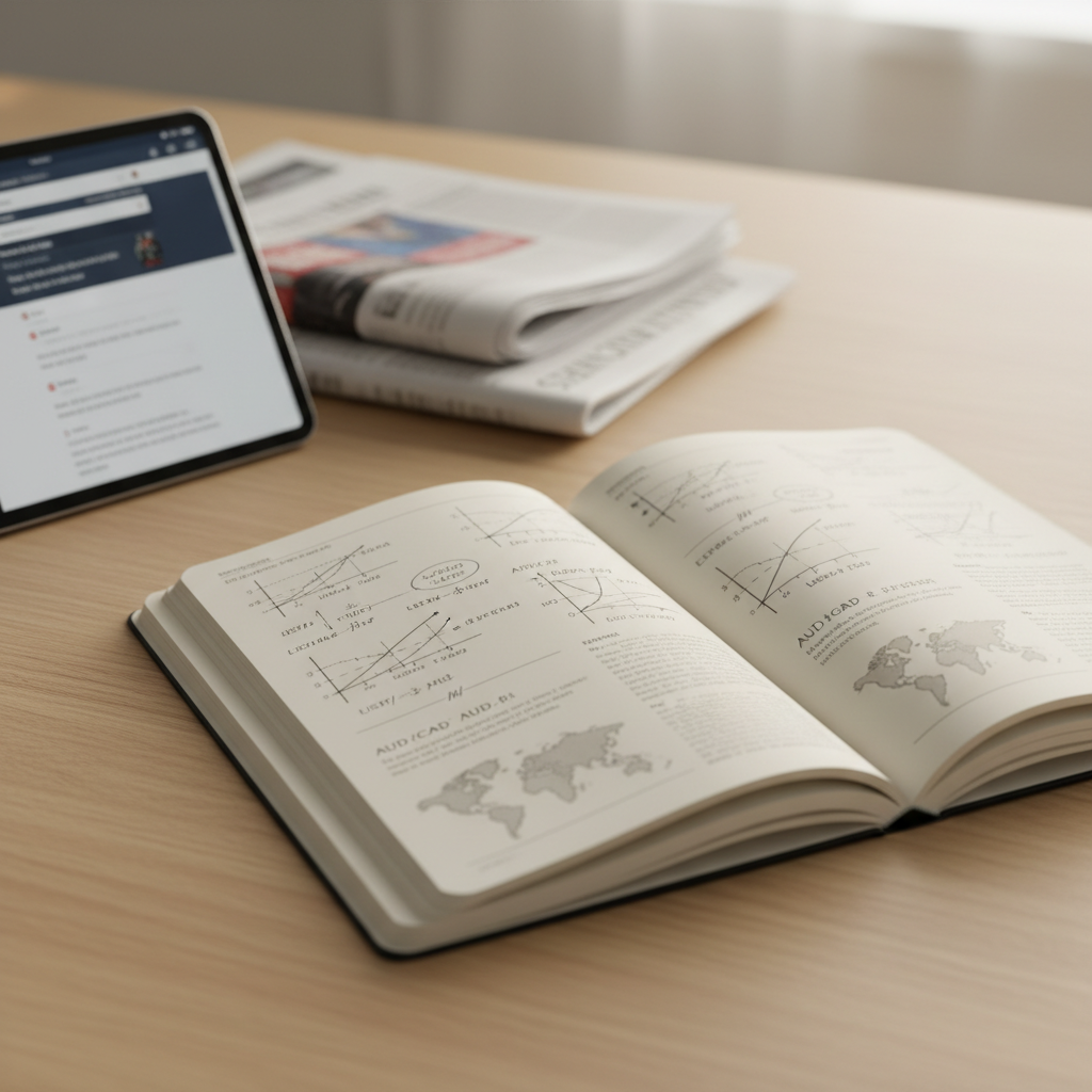 A clean, photographic realism image of an open hardcover notebook with cream pages, filled with neatly drawn macroeconomic diagrams, currency pairs, and small world maps in fine black ink. The notebook lies on a light oak desk, accompanied by a slim tablet displaying a blurred global news homepage and a tidy stack of international newspapers folded to the financial section. Soft morning light pours in from the right, forming gentle shadows along the page creases and a warm highlight on the tablet edge. Shot from a slightly elevated angle, with the notebook centered and everything else softly defocused, the composition feels organized and approachable. The mood is contemplative and studious, evoking the idea of reading the mechanisms of world economies from “next door” with clarity and calm.