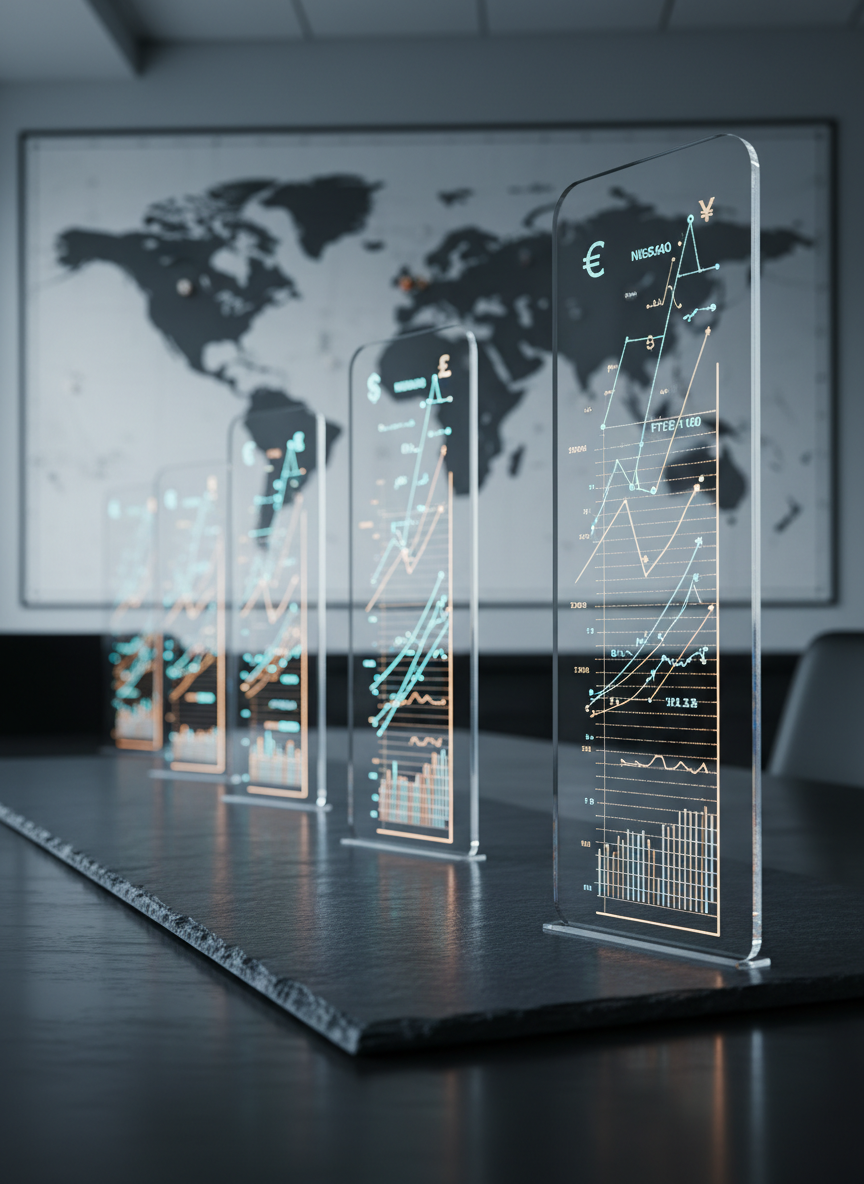 An ultra-detailed, photographic realism scene of a dark slate tabletop where several thin, transparent acrylic panels stand upright like city skyscrapers. Each panel contains illuminated line graphs, currency symbols, and market indices etched within, glowing softly in blue and amber tones. In the background, a large, out-of-focus world map is printed on matte paper pinned to a wall. Cool, indirect office lighting from above casts sharp yet subtle reflections on the tabletop and highlights edges of the acrylic panels. Captured from a slightly low angle, using the rule of thirds, the tallest “graph-tower” dominates the right side while others recede into the distance, creating depth. The atmosphere is sleek, data-driven, and forward-looking, suggesting the structure behind global markets.