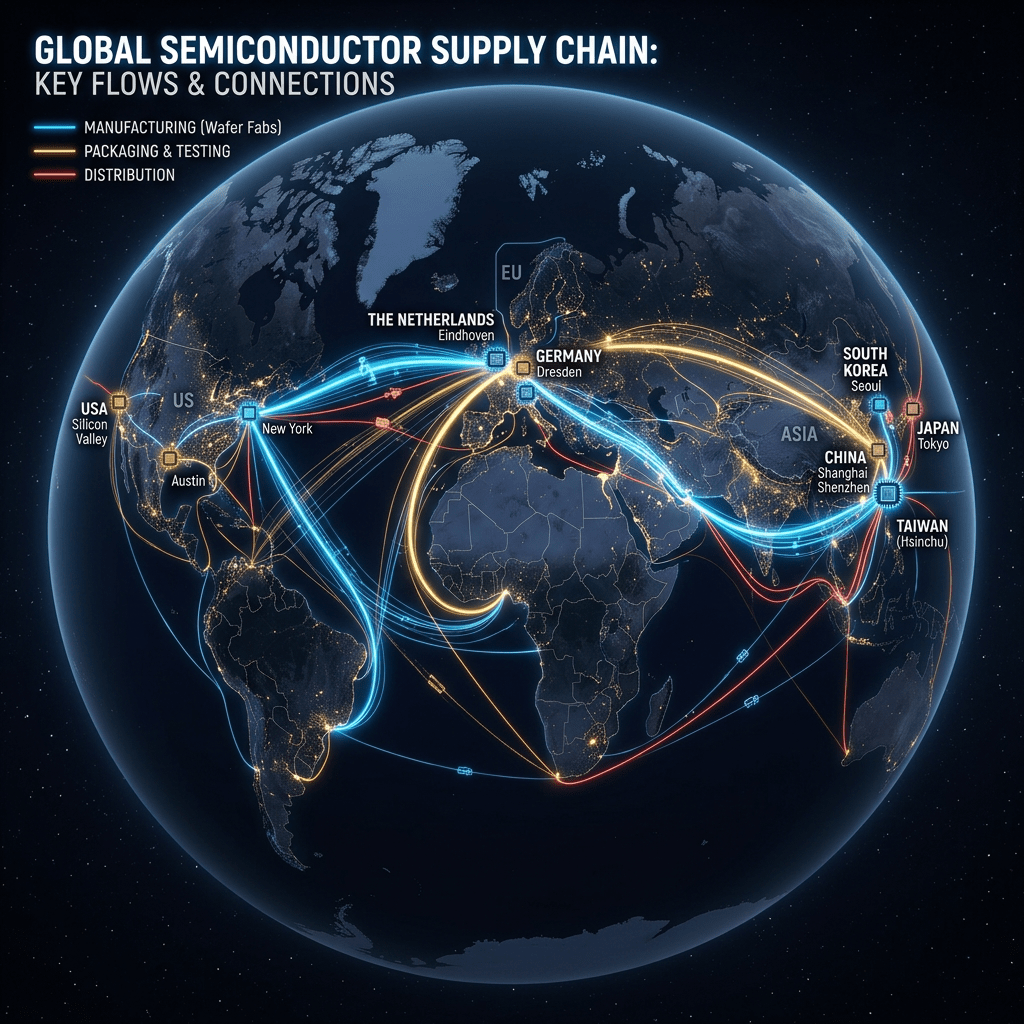 Map showing global semiconductor supply chain with key manufacturing, packaging, and distribution routes