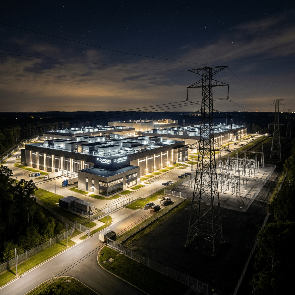 Exterior view of a large illuminated CloudCore data center at night with power lines