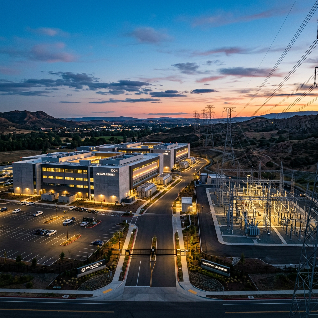 Large AI data center buildings and electrical substation at sunset with surrounding hills