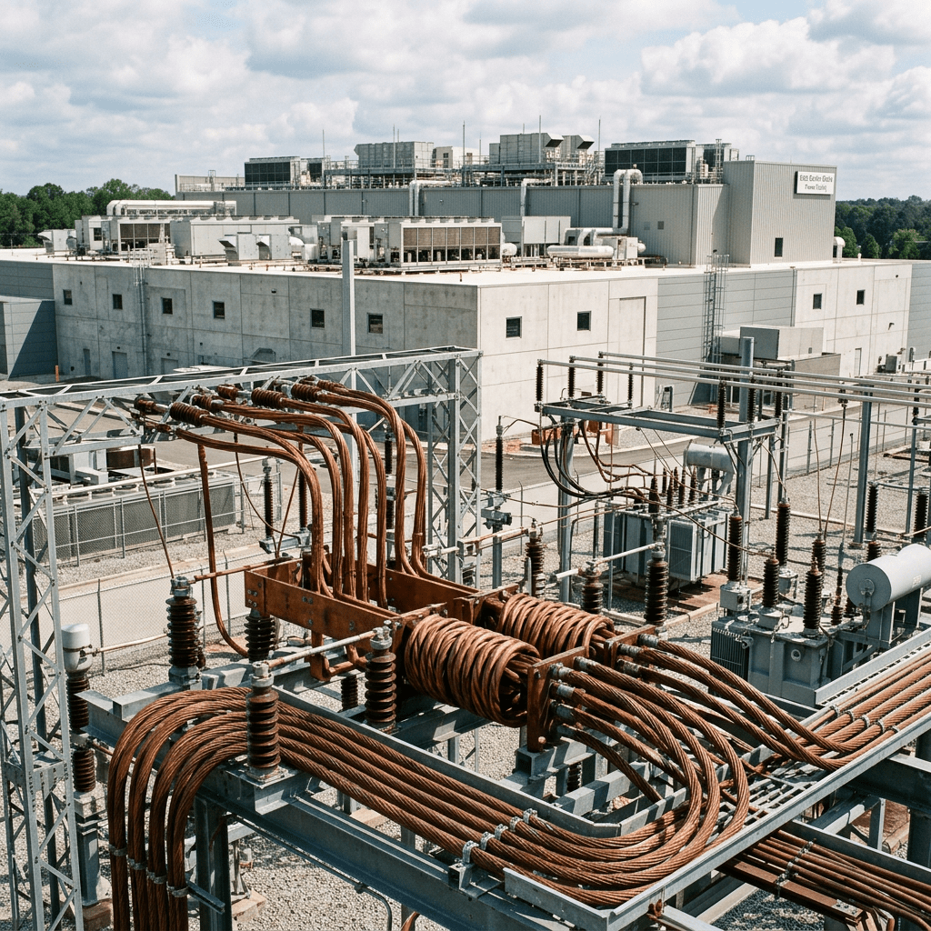 Modern electrical substation with copper cables, a distant data center, and renewable energy infrastructure