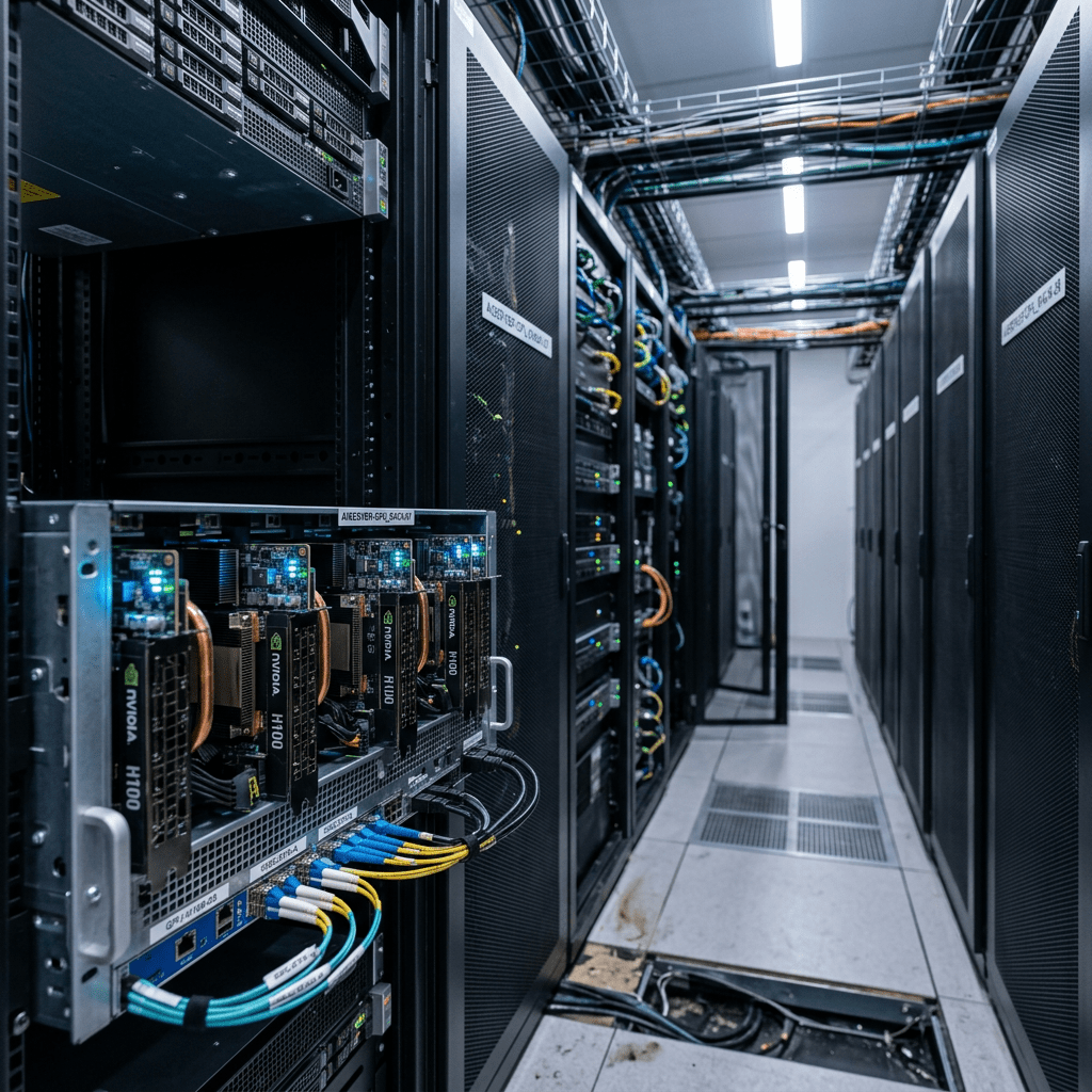 Modern AI data center servers and GPU circuit boards representing NVIDIA's AI infrastructure business