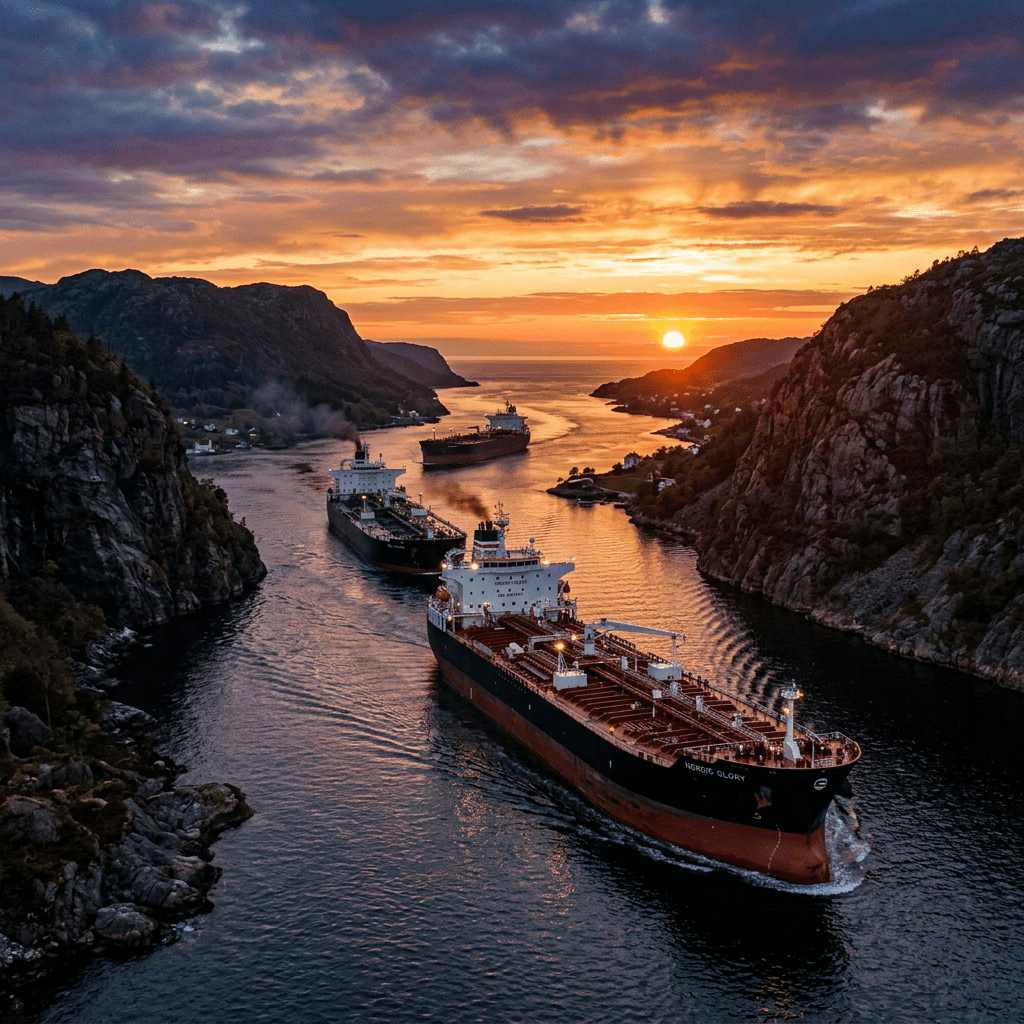Three cargo ships sailing in a fjord surrounded by cliffs at sunset
