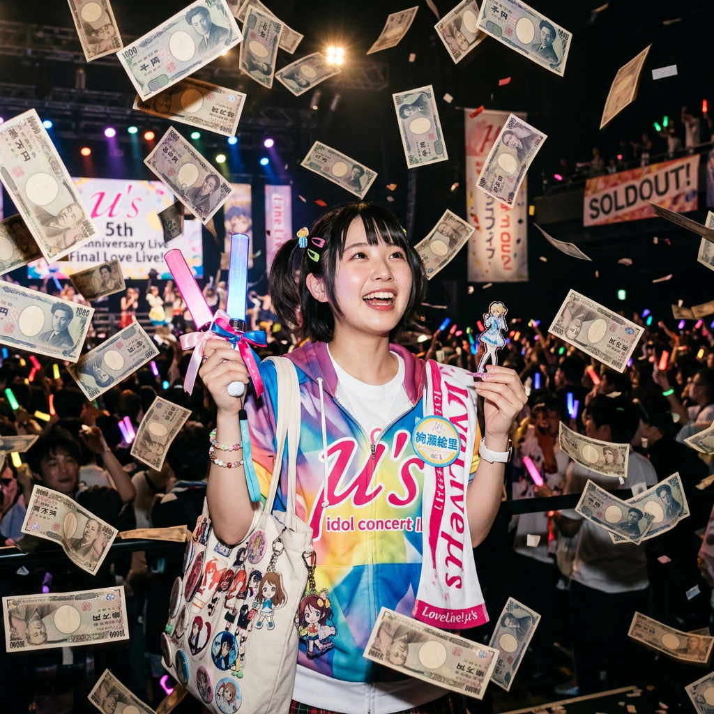 Smiling girl holding light sticks and merchandise with yen bills falling at an idol concert