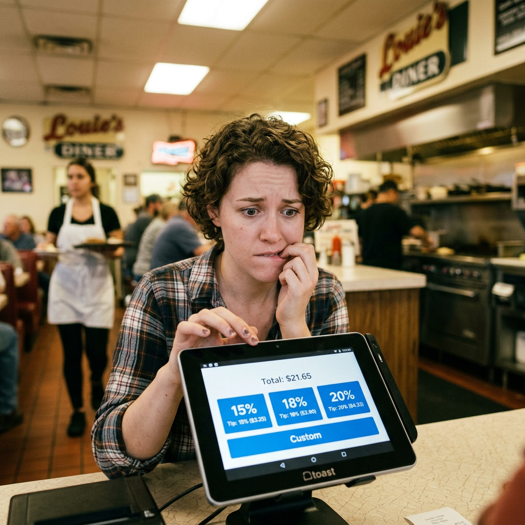 Woman nervously choosing tip percentage on a digital payment tablet