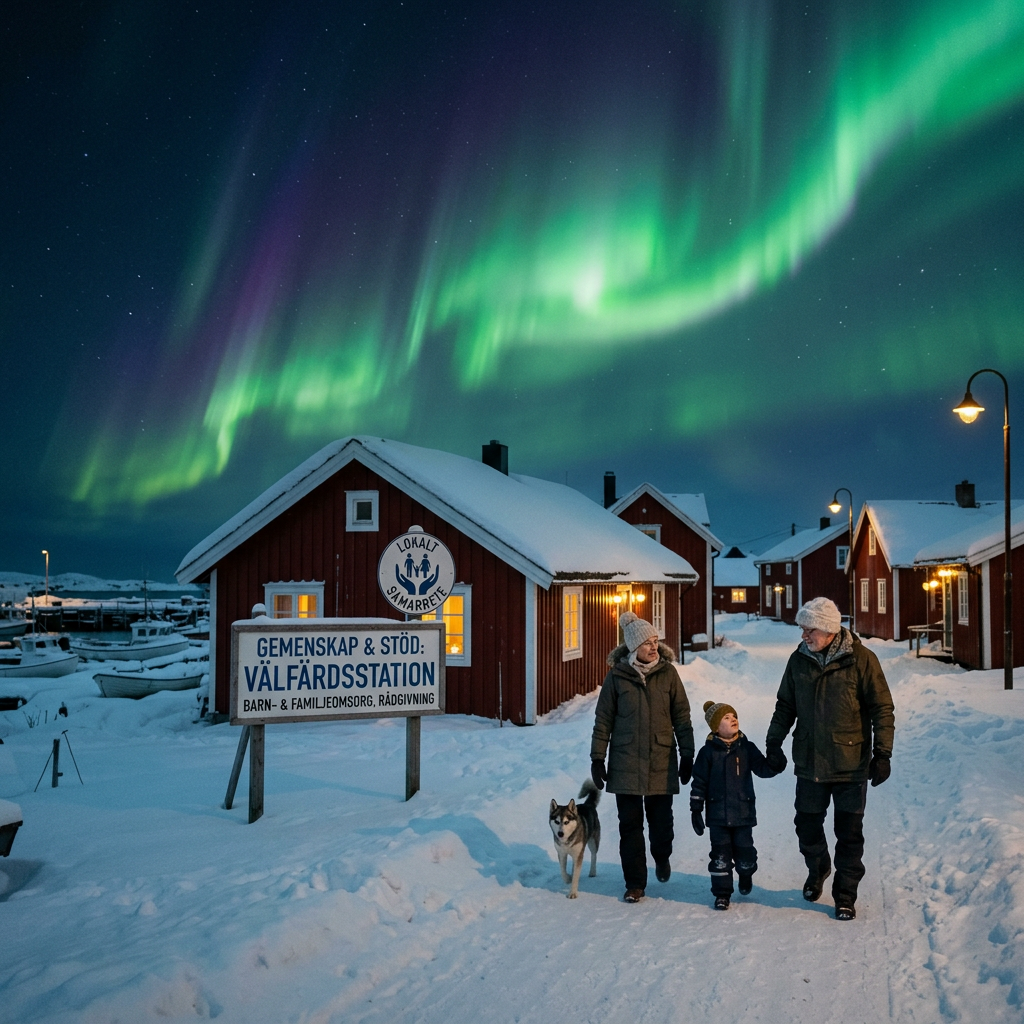 Family with child and dog walking in snow near red houses under northern lights